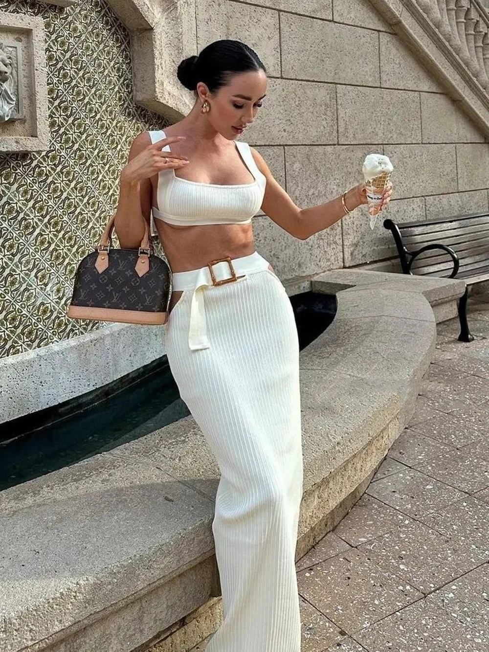 

Modphy Party Club Apricot Screw Thread Bandage Women's Set Crop Top High Waist Bodycon Long Skirts 2 Pieces Set Y2K Clothes