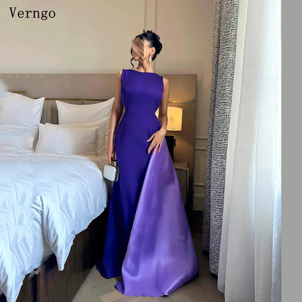 Verngo Purple Crepe Evening Dress High O Neck Sleeveless Backless Prom Paryt Dresses Simple Bow Long Prom Gowns