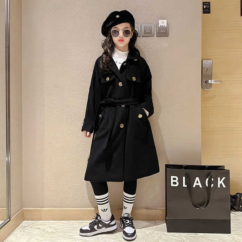 Girls Woolen Coat Overcoat Jacket Windbreak 2023 Simple Warm Thicken Winter Cotton Party Plus Size Children\'s Clothing