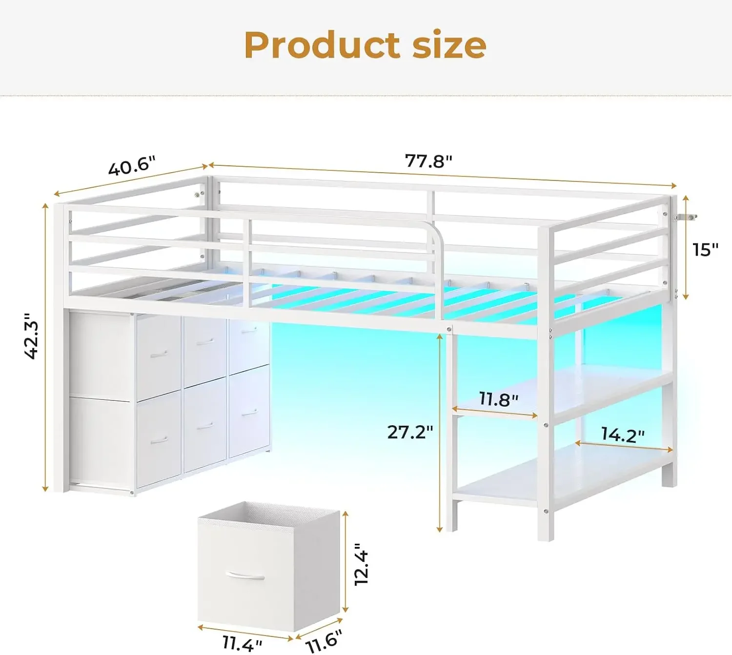 Low Loft Bed Twin Size with 6 Storage Drawers for Kids, White | Twin Loft Bed with LED Lights, Kids Loft Bed with 15