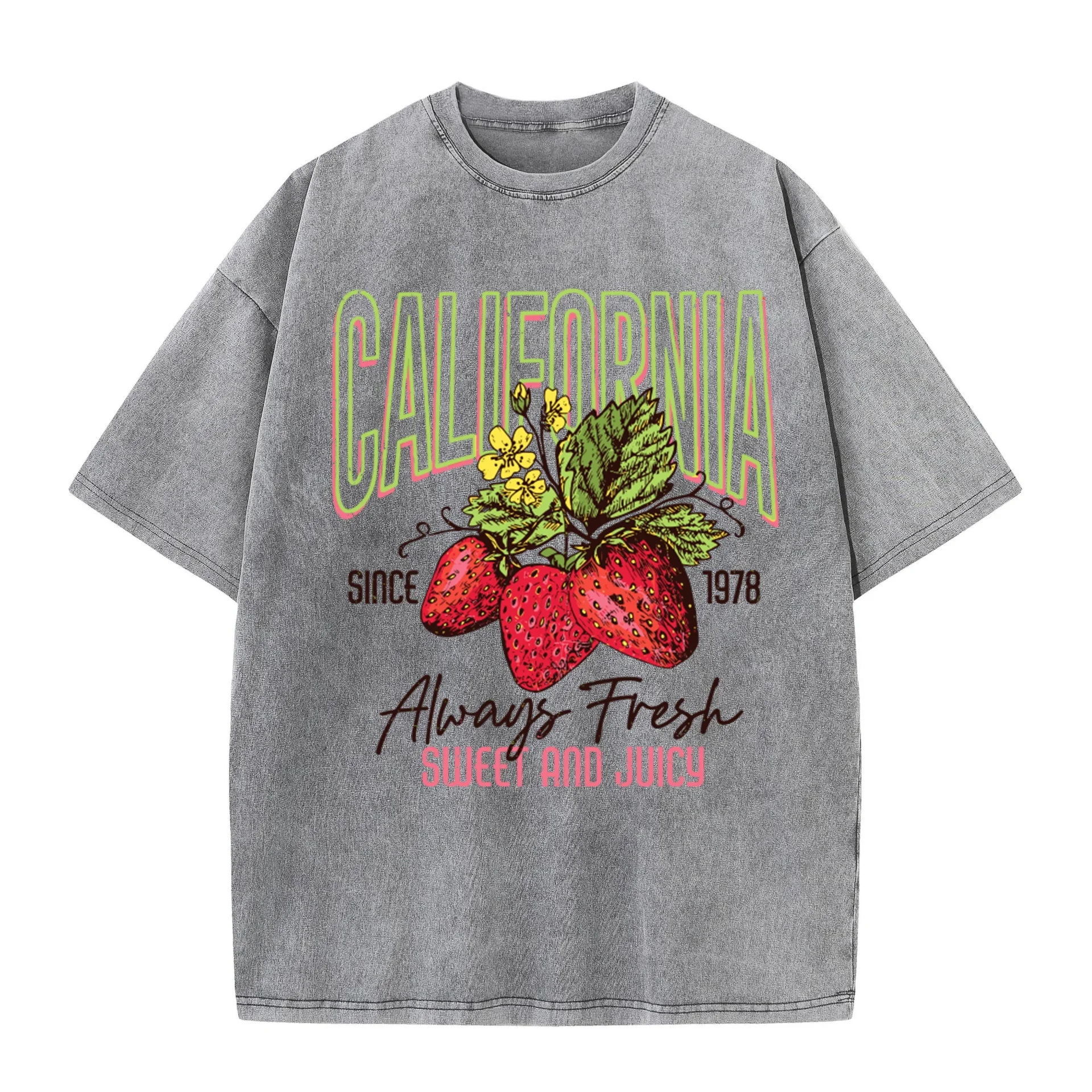 

California Strawberry Print Top Summer Women's Cotton Washed T-Shirt Full Math O Neck Distressed Short y2k ins Sleeve Clothes