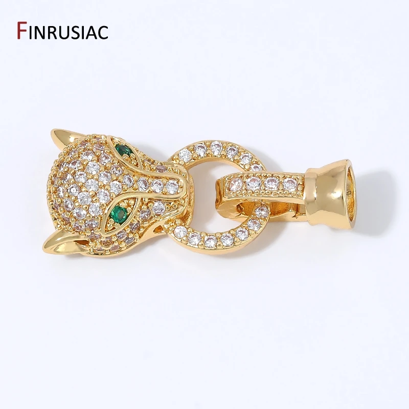 18K vergoldeter Messing-Leopardenkopf-Verschluss für Armbänder, Zirkon-Grün-Auge-Verbinder-Schnalle für DIY-Schmuckherstellung.