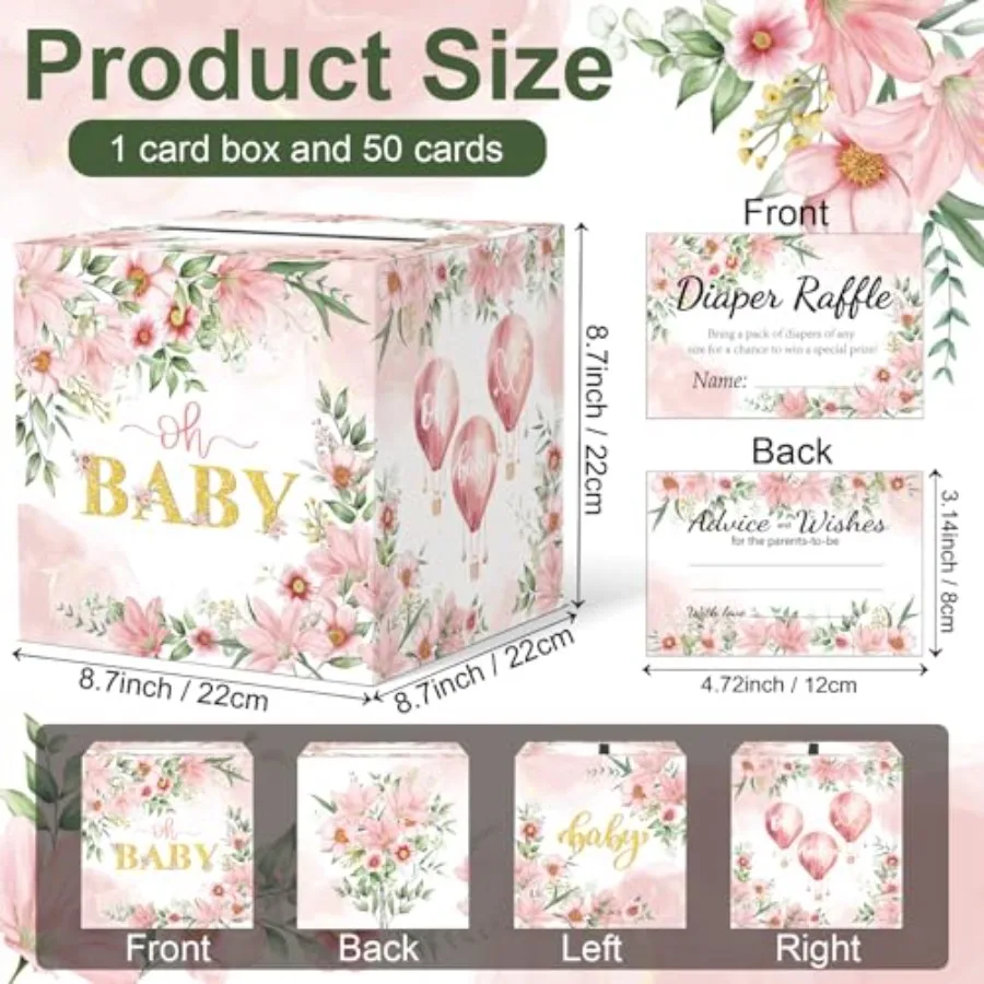 Baby Shower Games Floral Diaper Raffle Box for Baby Shower 50 PCS Diaper Raffle Tickets Card Box with Advice and Wishes for the