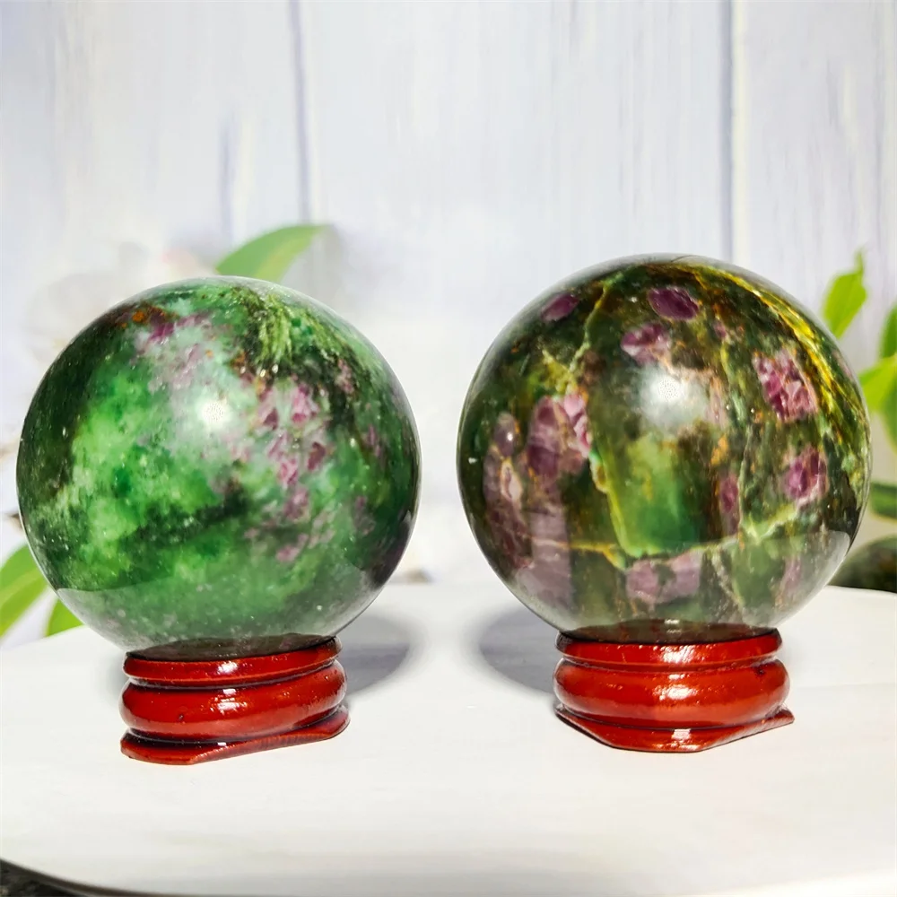 Emeralds And Ruby  Symbiotic Crystal Energy Ball Natural Gemstones Hand Polished Mineral Spheres Healing Quartz