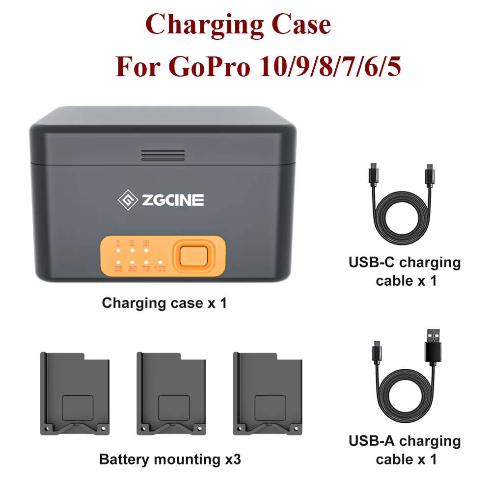 ZGCINE For GoPro 10 9 8 7 6 5 Smart Battery Charger Box 10400mAh Case Power Bank 3 TF Card Reader Storage USB-A C Charging Cable