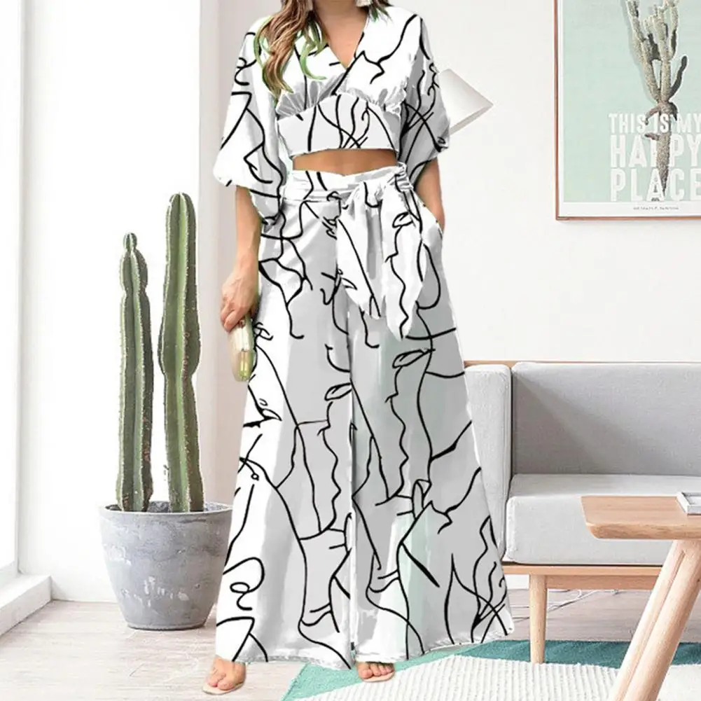 2Pcs/Set Popular Printing Outfit Thin Summer Outfit High Waist Crop Top Bandage Long Pants Set  Workwear