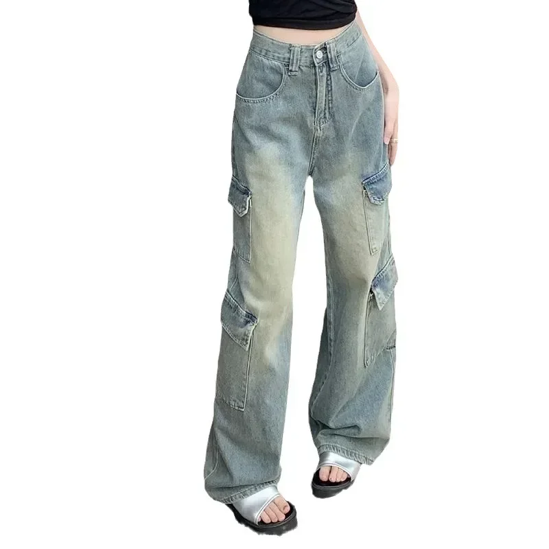 Women Vintage Jeans Wide Leg Pants High Waist Pockets Button Zipper Fly Basics Full Length Streetwear Denim Straight Trousers