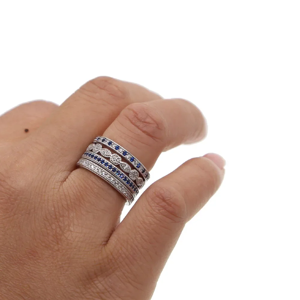 

NEW fashion engagment band 4 pcs stack stacking ring sets micro pave full white blue cz eternity stack ring 925 silver