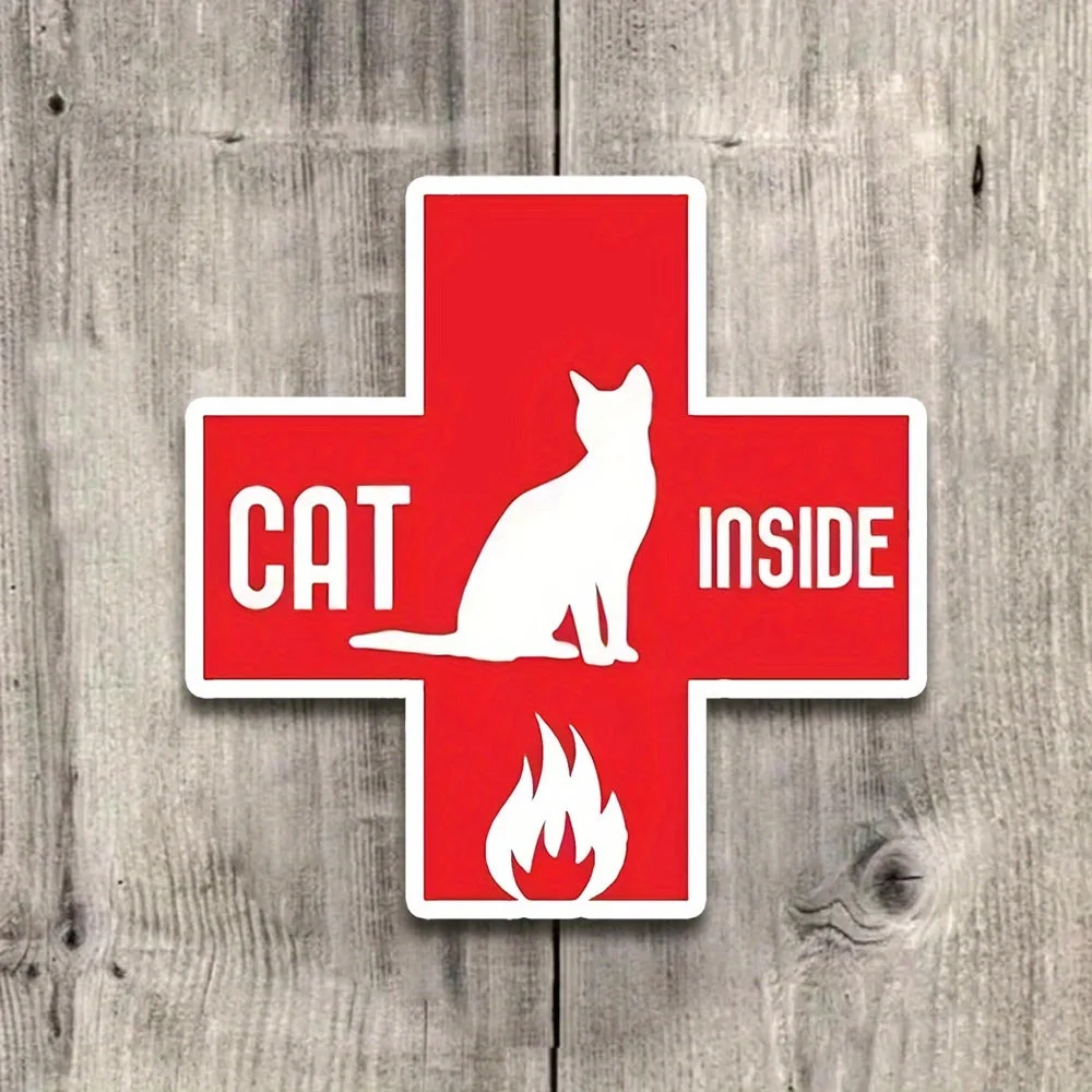Quality Vinyl Cat Inside Emergency Sticker Rectangle with Graphic Auto Flag Theme, Ensures Pet Rescue During Emergencies