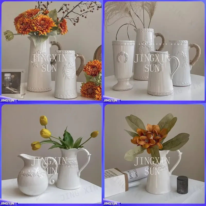 Custom for White Retro Ceramic Vase Light Luxury Home Decor Living Room Dining Table Flower Arrangement Ornament Modern