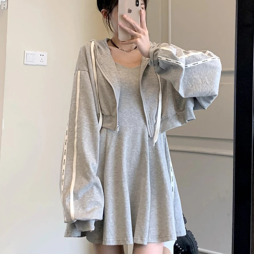 Two Piece Sets Women Hooded Zip Up Cropped Top Mini Dresses Korean Fashion Casual Clothes Sweet Preppy College Girlish Aesthetic