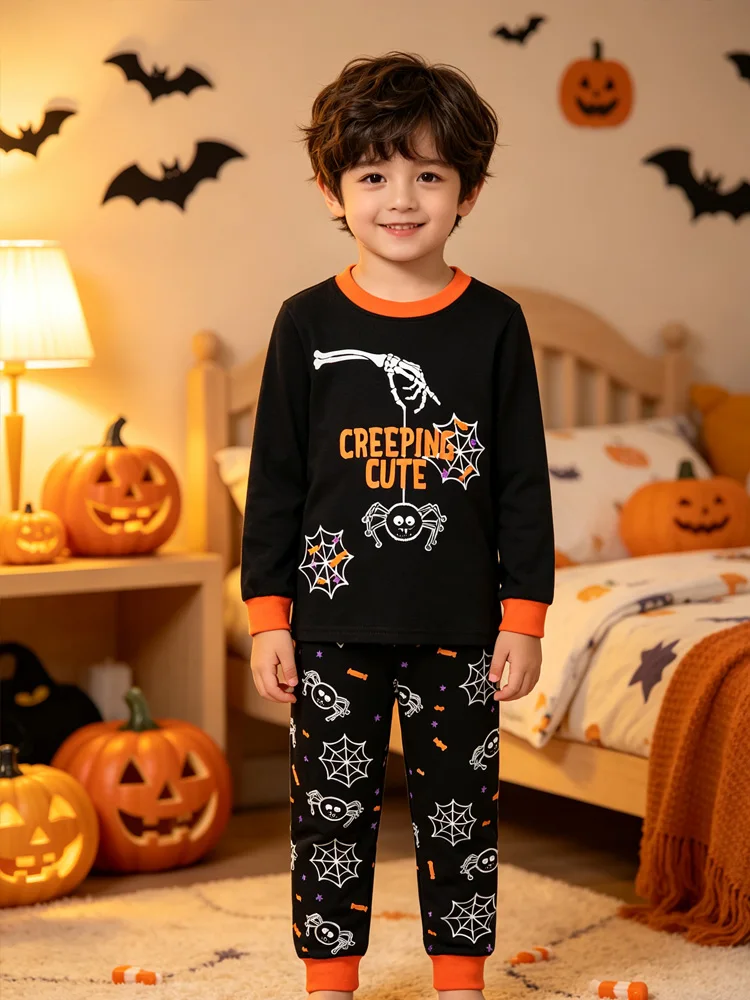 Little Hand Soft Kids Halloween Pajama Glow in the Dark Pumpkin Skeleton Print Long Sleeve Cotton Nightwear for 2‑7T Boys