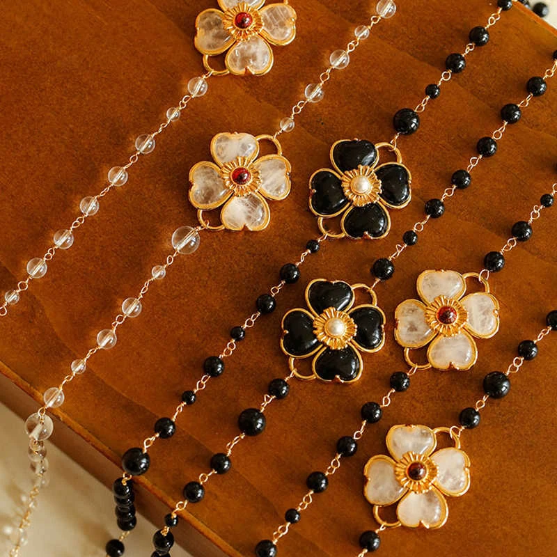 2026 Europe America White Crystal Clover Black Agate Sweater Chain Luxury Necklace Women Top Quality Jewelry