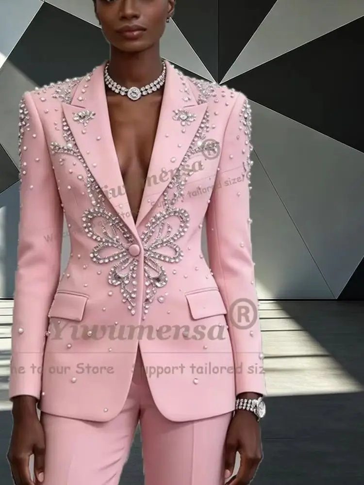 Women's Blazers And Suit Sets Exclusive Beaded Stones Jacket Pants 2 Piece Sets Single Breasted Lady Business Tuxedo Attire 2027