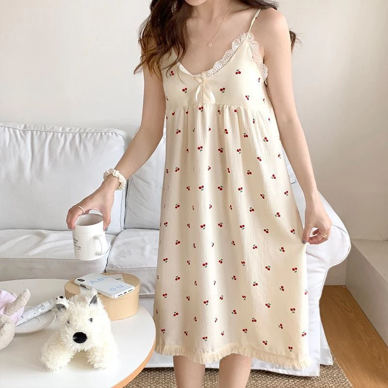 Summer Women's Sweet Bow Suspended Sleeping Dress With Chest Pads Fashion V-Neck Floral Casual Loose Thin Ladies Home Pajamas