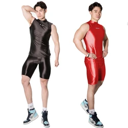 AMORESY Men's Shiny Sports Stretch Shorts Fitness Running Leggings Casual Swimming Yoga Glossy Pants Knee Length Oily Luster