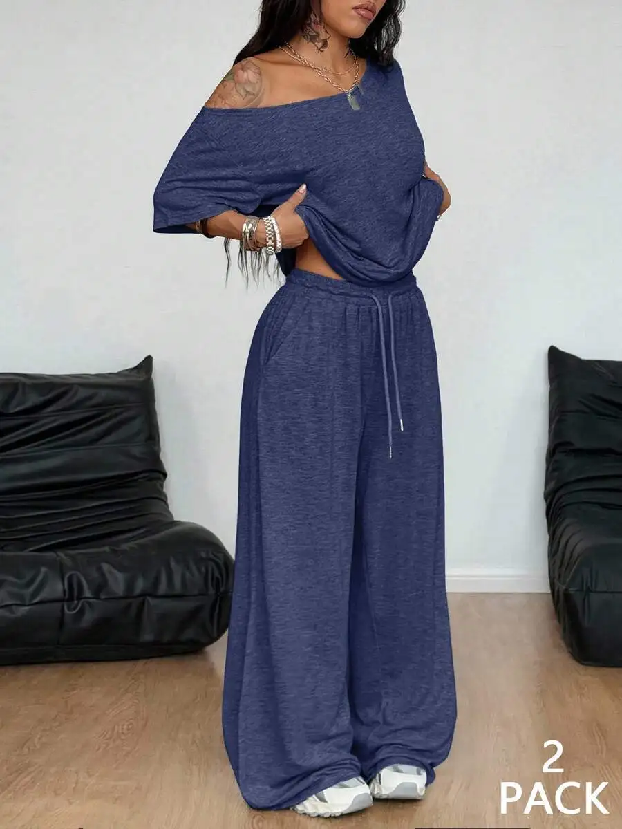 

Women Off Shoulder T-Shirt And Wide Leg Sweatpants Two Piece Outfit Casual Streetwear