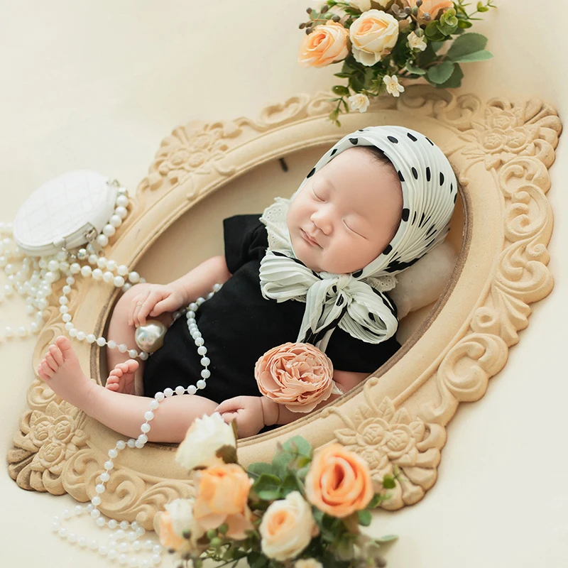 French Socialite Style Baby Girl Photography Clothing Newborn Photo Mini Bag Prop Baby Bodysuit+Headscarf Suit Studio Accessorie