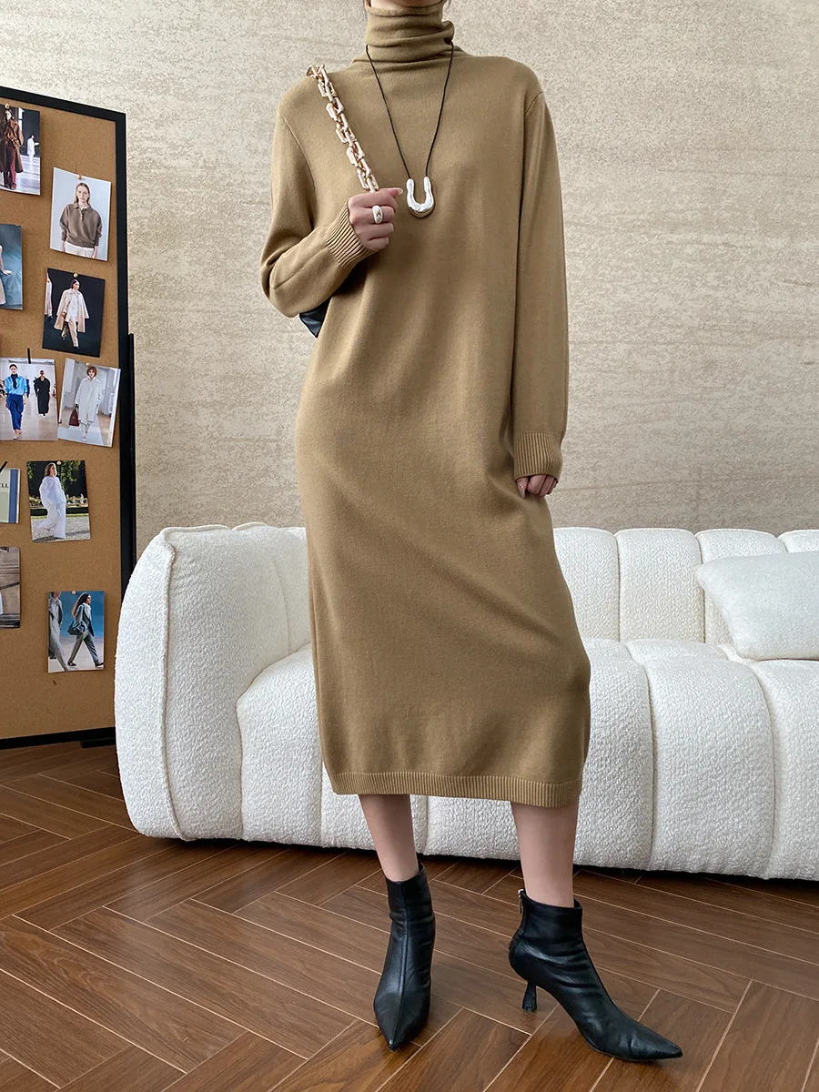 Winter women\'s casual solid color high neck long sleeved knitted dress