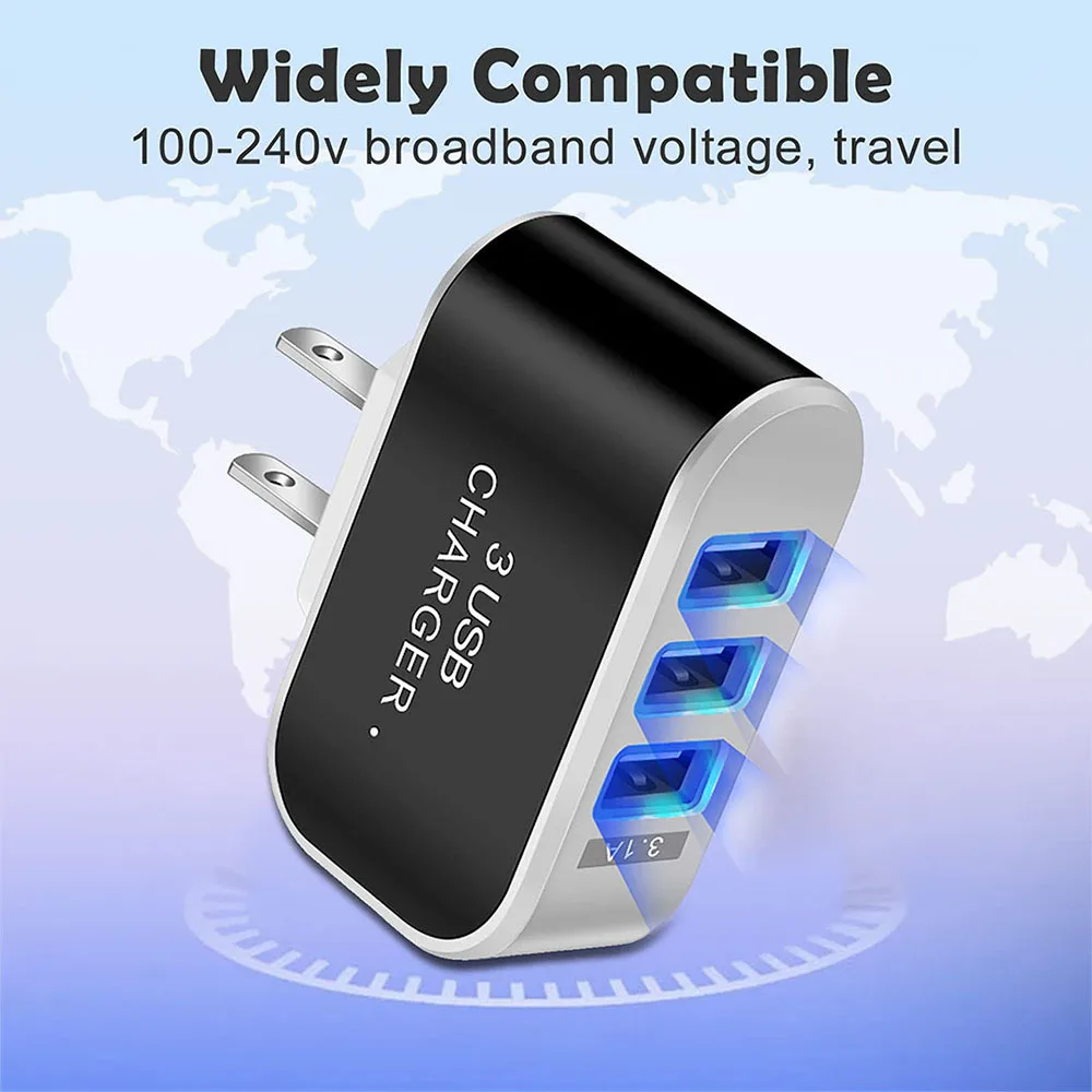 3USB EU US Plug LED Mobile Phone Chargers Multi-Head Travel Charger 3Ports LED Light Phone Charge Adapter EU Plug Charger