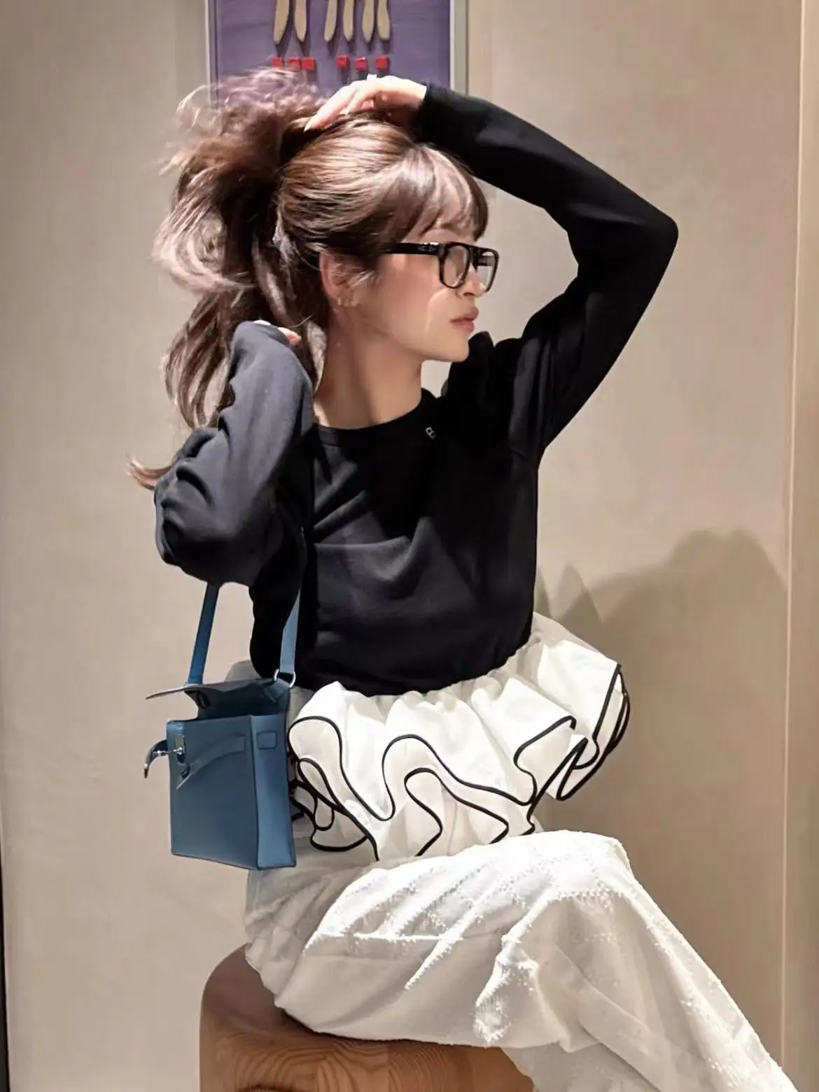 2026 New Sweet Splice Long Sleeve Women's Top Fashionable Cotton Knitted Shirt with Wood Grain  Design for Younger Look
