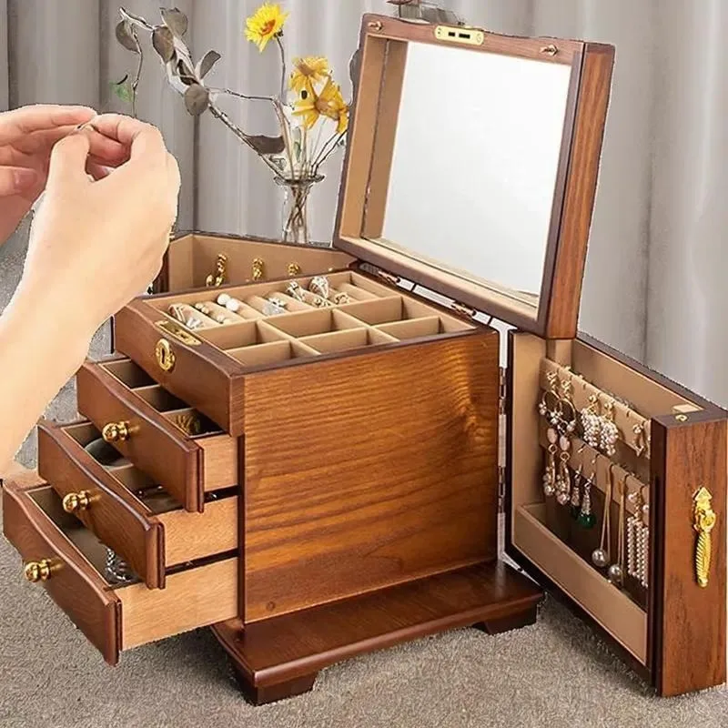 Handmade High End Solid Wood Rectangular Retro Classic Embossed Storage Jewelry Box for Earrings Necklace Ring with Lock