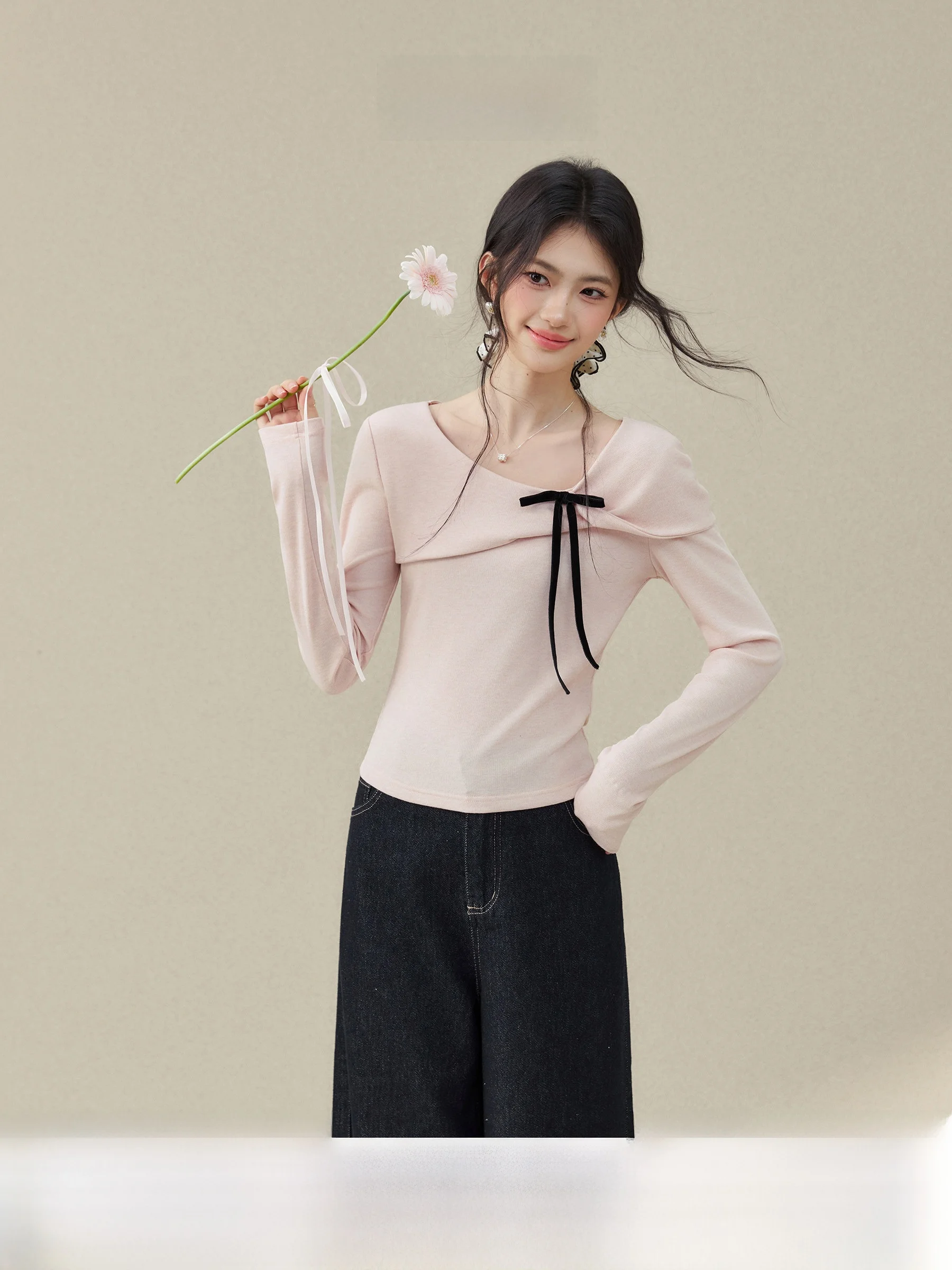 

Long Sleeve Pink T-Shirt Women's Slim Fit Knot Casual Style Spring New Arrival Top by Wang Ou Xixi