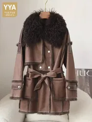 Winter Women Medium Long Double Breasted Belted Real Rabbit Fur Lining Overcoat Fashion Natural Wool Collar Jacket Outwear Coat