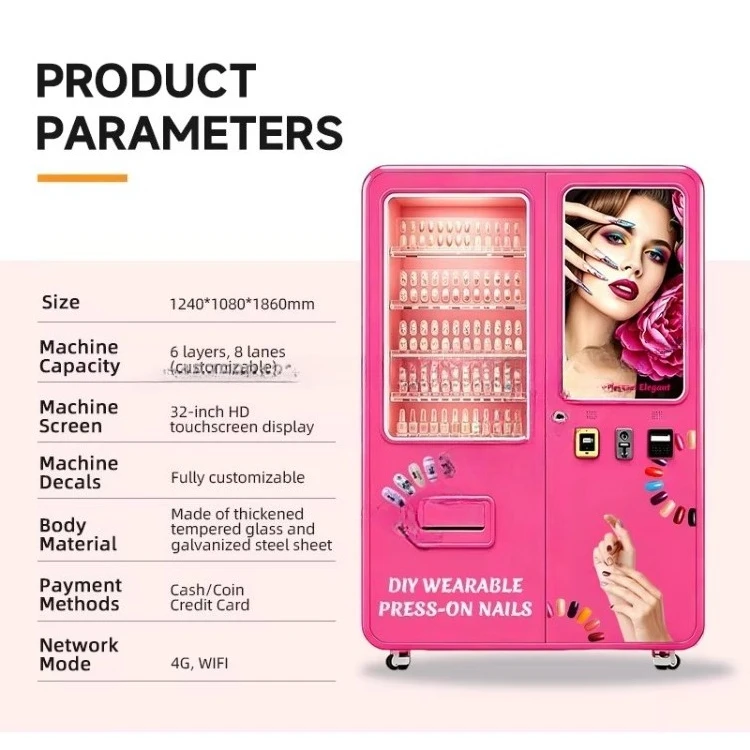 Automatic Press-On Nail Vending Machine Smart Beauty Cosmetics Vending Kiosk with 32 Inch Touch Screen Cash/Card Payment Outdoor