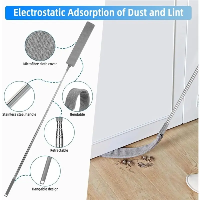 【CUSTOMER FAVORITE】Dust Cleaning Artifact Extendable Flat Cleaner Featuring Stainless Steel Telescopic Rod And 4 Washable Cloths