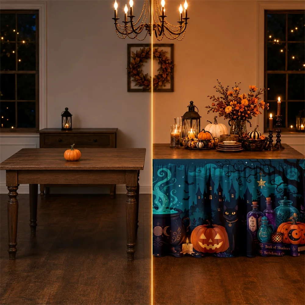 One tablecloth or table skirt. Halloween-themed decorative table skirt, suitable for party, restaurant and bar events.