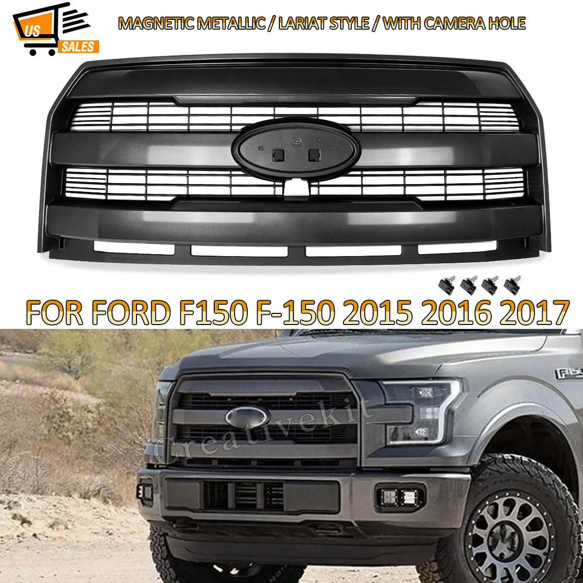 

For Ford F150 F-150 Front Grille Assembly 2015-2017 Air Inlet Mesh Grid Grilles With Camera Hole Magnetic Metallic J7 FL3Z8200GA