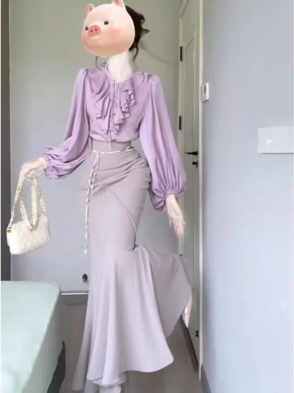 

Unique Beautiful Purple Shirt Tailored Skirt Two-Piece Set Comfortable Fashionable Women's Autumn Workwear Soft Style