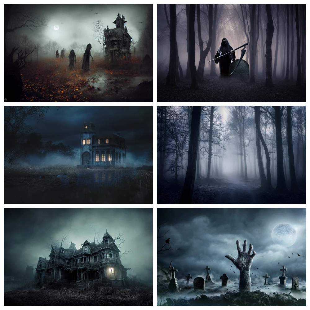 Halloween nebliger Wald Fotografie Hintergrund gruselig dunkles Schloss Friedhof Szene Horror Party Dekor Spukhaus Foto Hintergrund