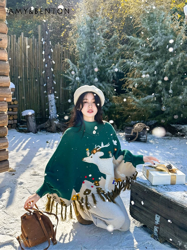 

2025 Autumn Winter New Vintage Deer Embroidery Tassel Cape Christmas Green Half High Collar Long Sleeve Knitted Sweater