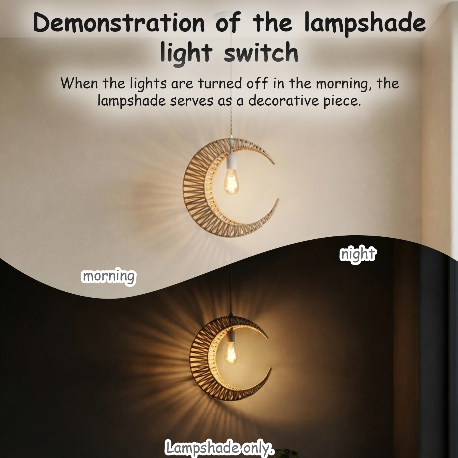 Crescent Moon Hand‑Woven Jute Rope Lamp Shade, Boho Replacement Shade for Pendant Light Wall Sconce, Decor Lamp Cover