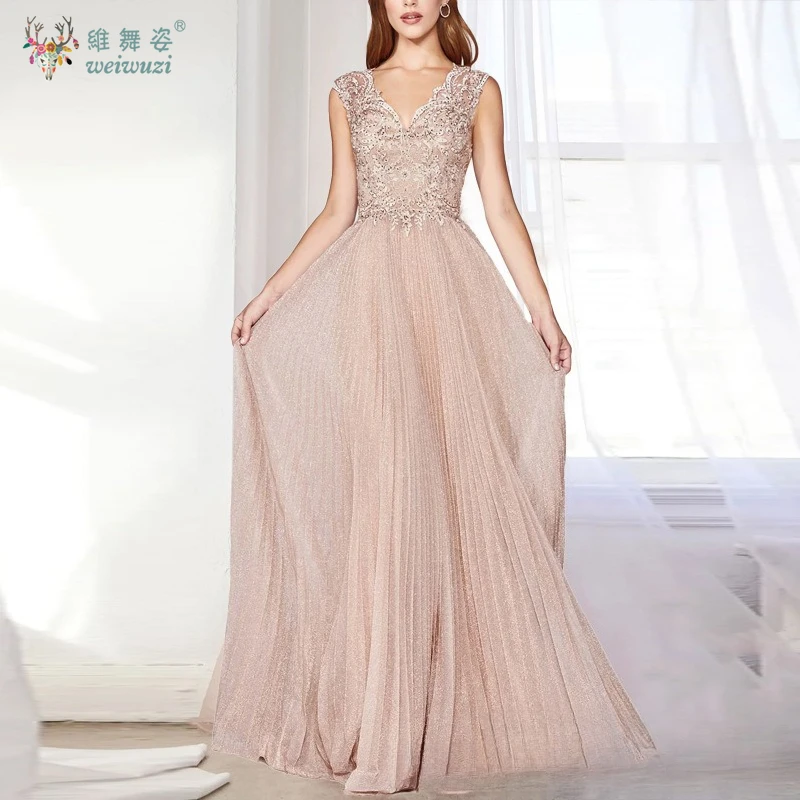 

Fashion Sexy Sisters Group V-neck Lace Sequins Embroidery Evening Dresses Bridesmaid Backless A-line Pleated Wedding Dress