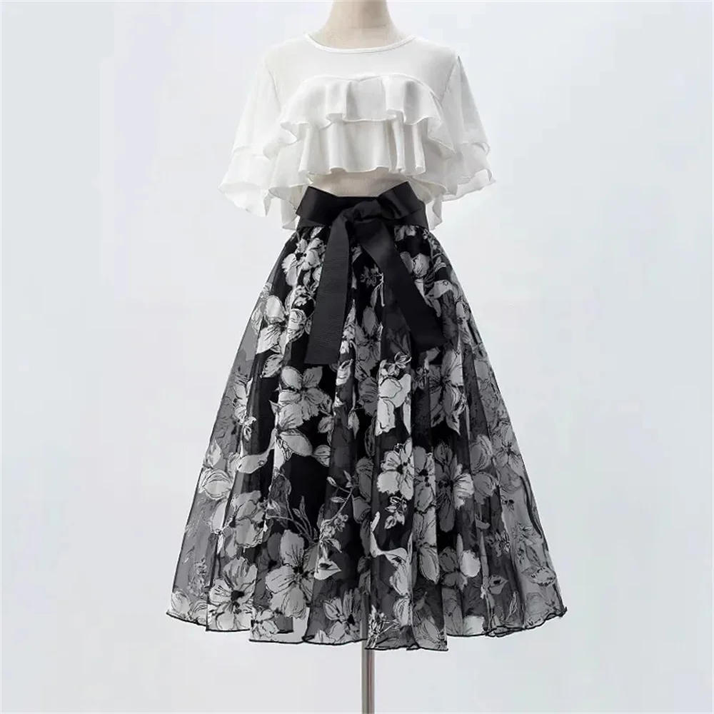 Floral Print Midi Tulle Skirt Elegant Bow Lace-Up High Waist A Line tutu Midi Skirt Women Summer Casual Party Evening Wear