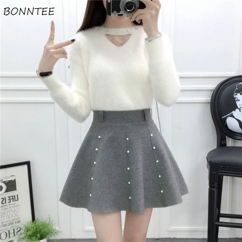 

High Waist Mini Skirts Women Woolen Autumn Winter Solid Lace-up Simple Casual Faldas All-match Streetwear A-line Stylish Cozy