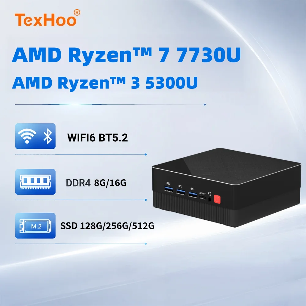 TexHoo Mini PC R7 7730U 16G 512G R5-7530U Desktop Gaming Computer WIFI6 BT5.2 Windows11 Triple 4K Display Dual LAN 5300U 3xUSB3