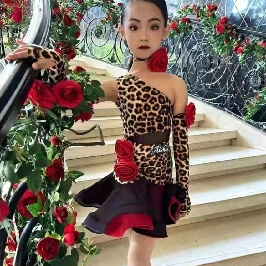 

Платье для латинских танцев для девочек, леопардовое платье на одно плечо, платье для латинских танцев, профессиональное платье для латинских танцев, одежда для сальсы