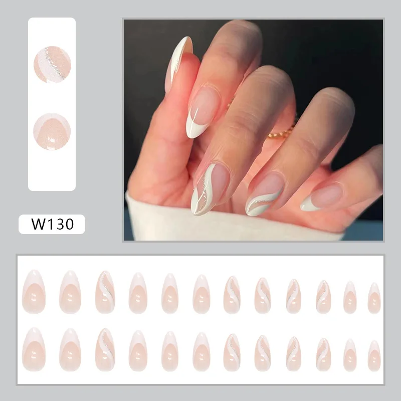 24pcs White Ripple Almonds False Nails Art for Gluing Cheap Acyrlic Artificial Press on Nails for Girls Fake Stick-on Nail Tips