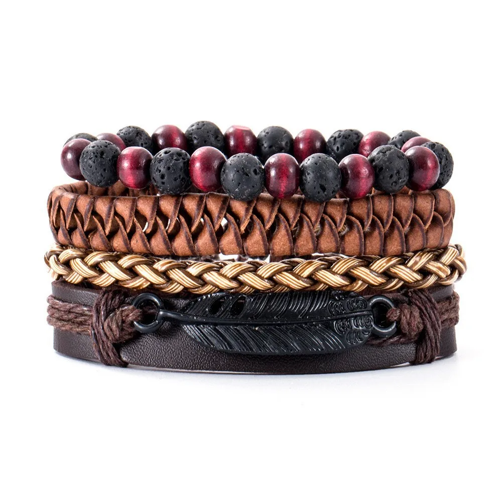 4pcs/Set Leather Bracelet Multi Layer Leaf Retro Trendy Street Photo Woven Volcanic Stone Alloy Feather PU Leather Bracelet