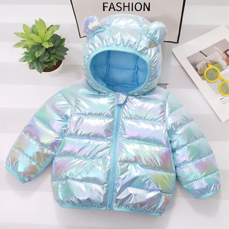 Autumn Winter Kids Down Cotton Jacket Colorful Shiny Cartoon Ear Hooded Coat Warm Zipper Outerwear for Boys Girls 2-6 Years