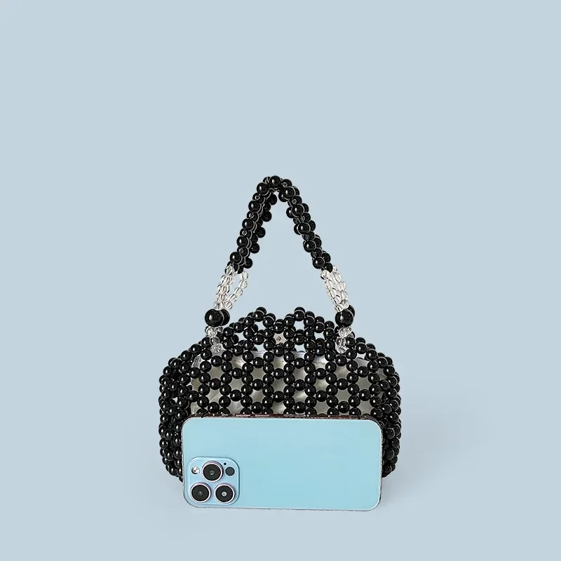 Black Silver Round Acrylic Beads Beaded Handbag Luxury Design Hand-woven Shining Hollow Out Evening Bag Wedding Party Clutches image 3
