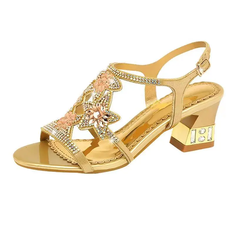 Rhinestone Sandals Fashion Womens Shoes 2024 Large Size Suit Female Beige Block Heels Clogs Wedge Med Sexy Luxury Big Black Chun