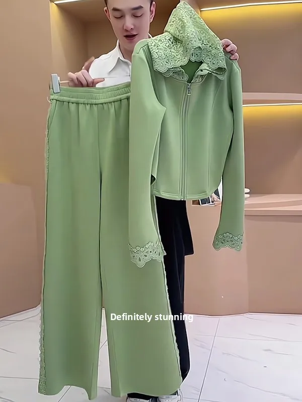 

Green Lace Splice Casual Sports Set Women's Fashionable Open Cardigan Top Wide Leg Pants Two Piece Set Autumn High End Feel