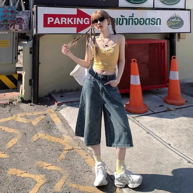 

American High Street Women's Skinny Denim orts Mid-Waist Straight-Leg Loose Fit Casual Blue Summer Pants Cotton Stretch