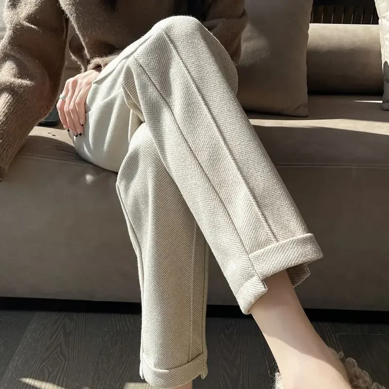 Thickened Woollen Trousers Women\'s Autumn and Winter High Waist Casual Loose Straight Suit Pants Ankle-Length Cigarette Pants