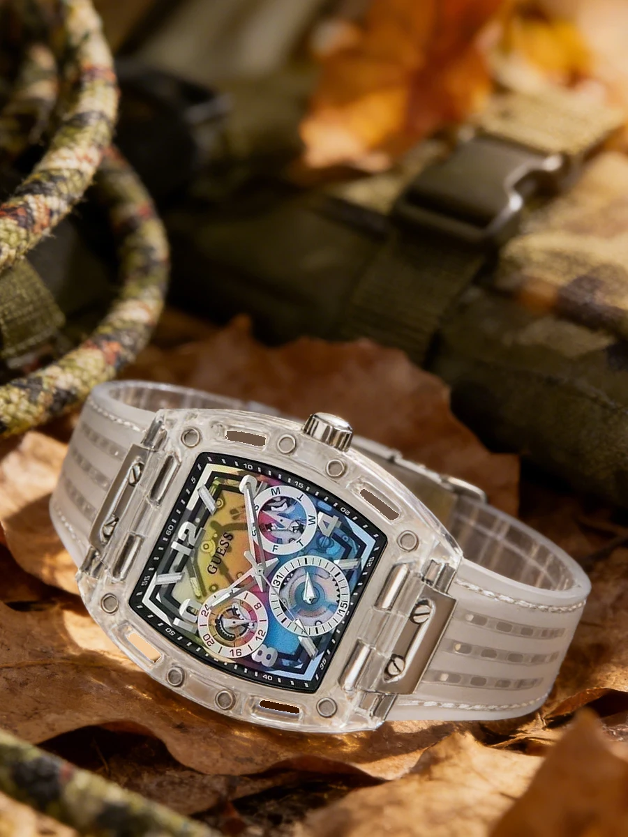 

GUESS GW0499G3 Men Quartz Watch Phoenix Clear Polycarbonate Case Rainbow Skeleton Dial Silicone Strap Multi-Function Timepiece